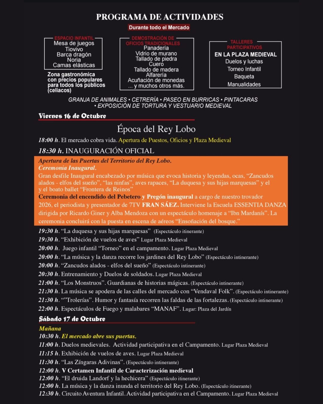 Programa de actividades de las Jornadas Medievales 2026. Viernes 16 de octubre y comienzo del sábado 17 de octubre