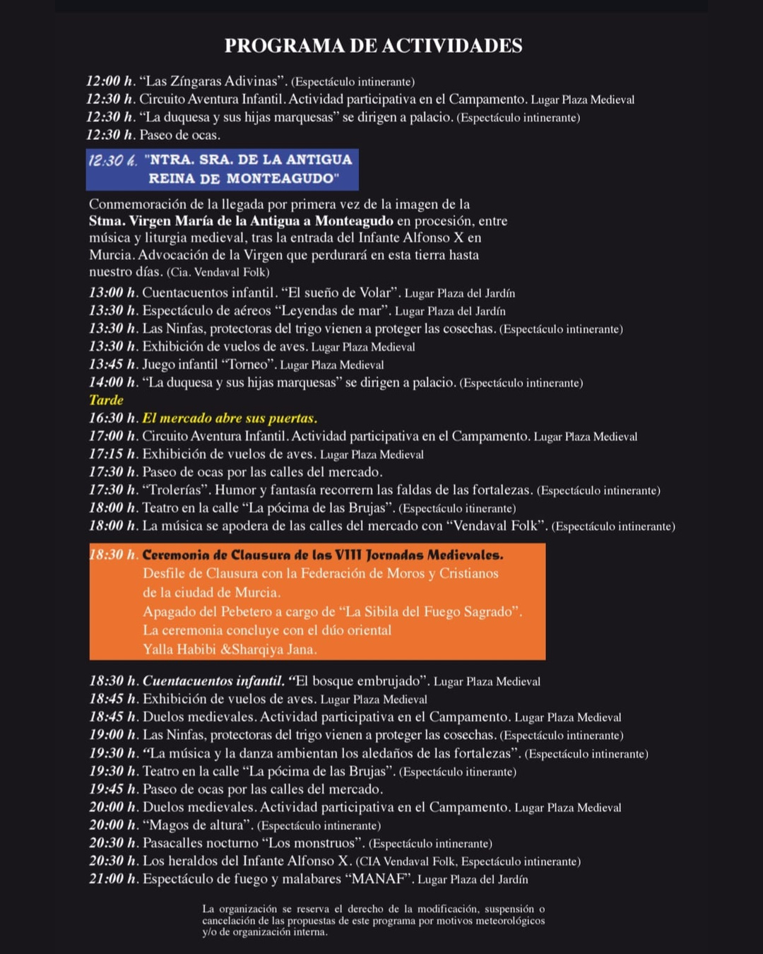 Programa de actividades de las Jornadas Medievales 2026. Final del sábado 17 de octubre y domingo 18 de octubre